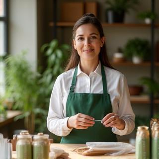 サスティナブル素材の説明をするスタッフ